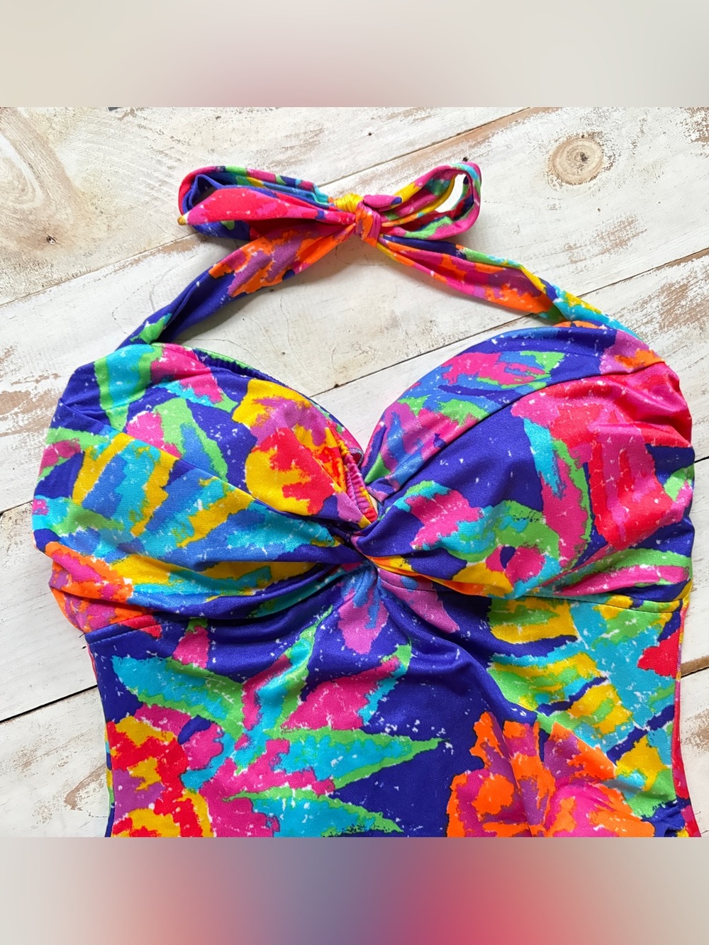 Vintage 90s E-Stewart neon tropical one piece swimsuit halter swimsuit sz 16 EUC - Picture 2 of 12